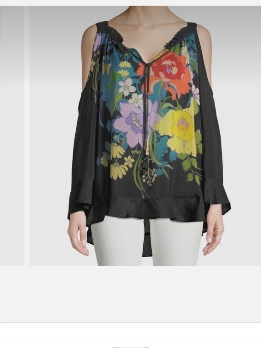 Johnny Was Black Floral V-Neck Ruffle Sleeve Blouse-Medium